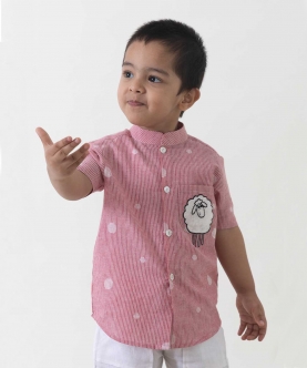 Boy Sheep Embroidered Cotton Shirt - Pink